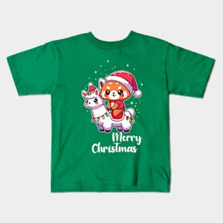 Cute Kawaii Red Panda Merry Christmas Llamas With Red Panda Kids T-Shirt